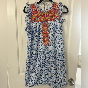 Women’s blue and white floral dress with multicolor embroidery